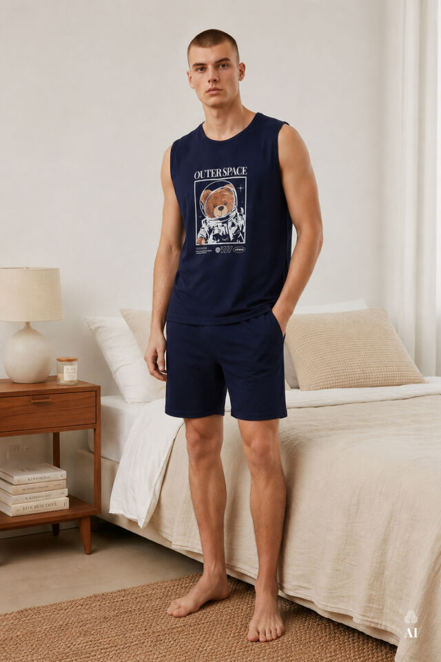 Erkek Pamuklu Sıfır Kollu Baskı Detaylı Şortlu Pijama Takımı Lacivert - 2XL