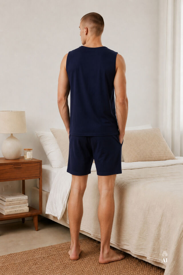 Erkek Pamuklu Sıfır Kollu Baskı Detaylı Şortlu Pijama Takımı Lacivert - 2XL