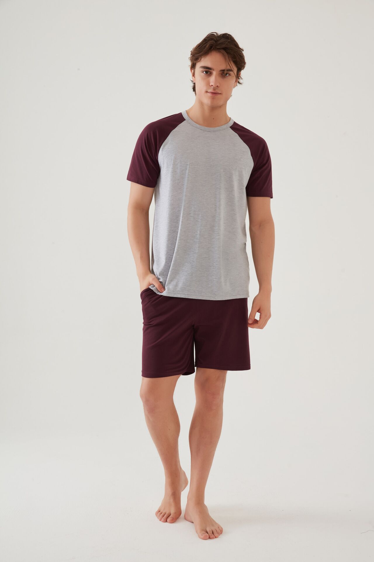 Erkek Pamuklu Cep Detaylı Reglan Kol Pijama Takımı Bordo - Ekru - S