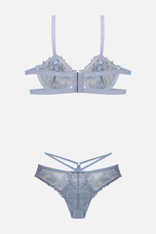 Kadın Brodeli Tüllü Dantelli Sütyen Takım Gök Mavi - 95B