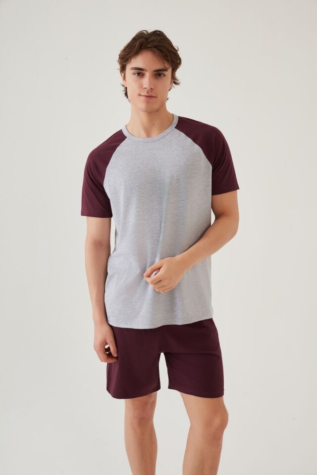 Erkek Pamuklu Cep Detaylı Reglan Kol Pijama Takımı Bordo - Ekru - XL