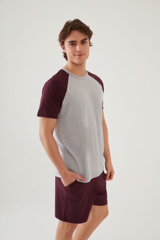 Erkek Pamuklu Cep Detaylı Reglan Kol Pijama Takımı Bordo - Ekru - XL