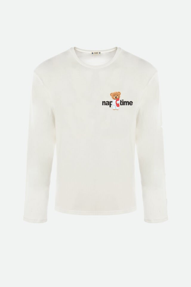 Erkek Pamuklu Uzun Kollu Üst Baskılı Alt Çizgili Cep Detaylı Pijama Takımı XL - Beyaz - Mavi