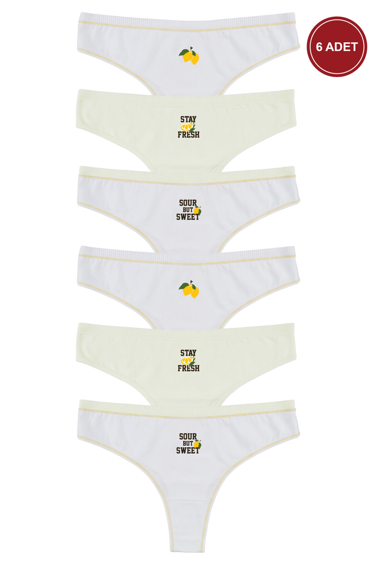 Kadın 6'lı Pamuklu Likralı Dikiş Detaylı Baskılı Brazilian Sarı - Ekru - S