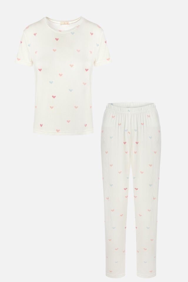 Kadın Kalp Desenli Kısa Kollu Pijama Takımı