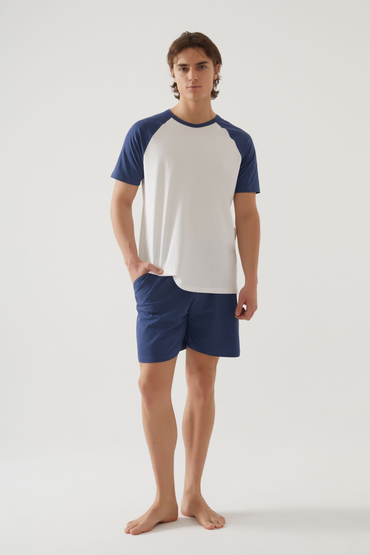 Erkek Pamuklu Cep Detaylı Reglan Kol Pijama Takımı XL - İndigo - Ekru