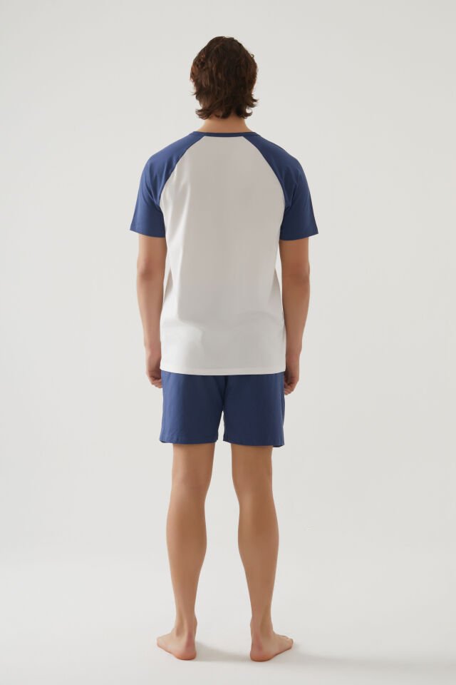 Erkek Pamuklu Cep Detaylı Reglan Kol Pijama Takımı XL - İndigo - Ekru