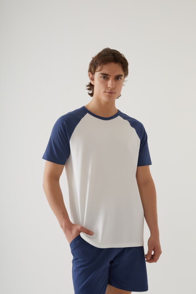 Erkek Pamuklu Cep Detaylı Reglan Kol Pijama Takımı XL - İndigo - Ekru