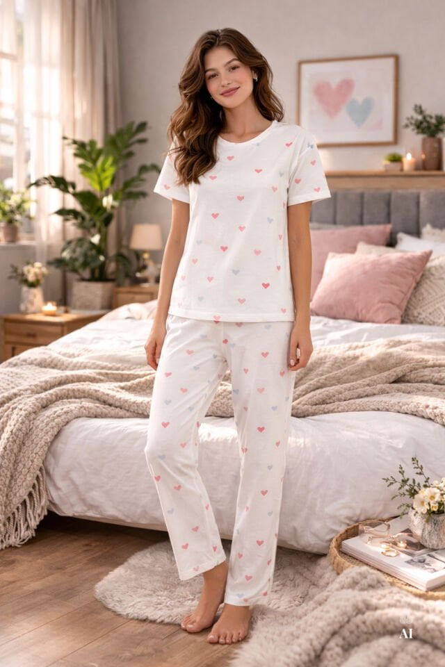 Kadın Kalp Desenli Kısa Kollu Pijama Takımı S - Ekru -  Pembe