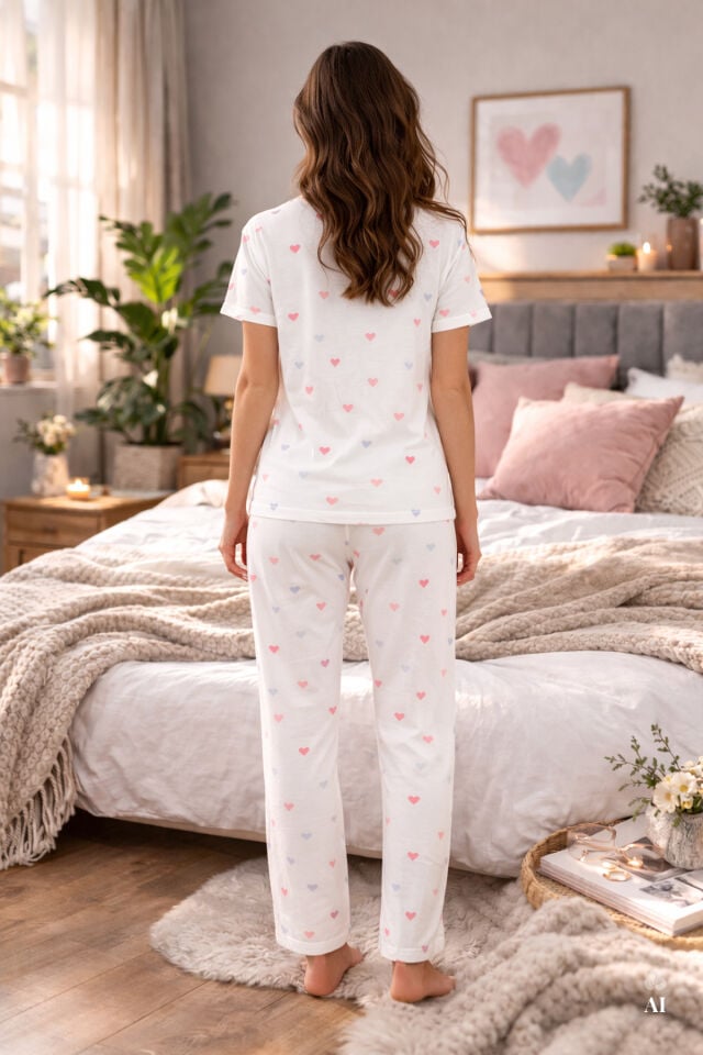 Kadın Kalp Desenli Kısa Kollu Pijama Takımı S - Ekru -  Pembe