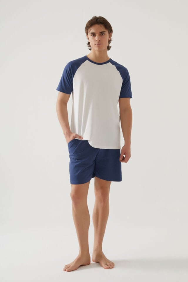 Erkek Pamuklu Cep Detaylı Reglan Kol Pijama Takımı 2XL - İndigo - Ekru
