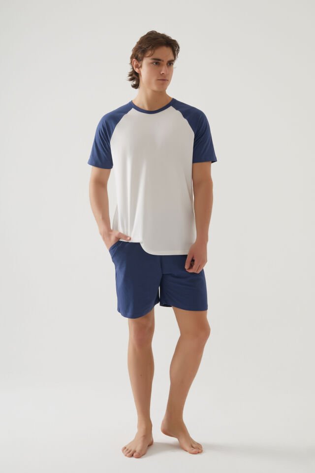 Erkek Pamuklu Cep Detaylı Reglan Kol Pijama Takımı 2XL - İndigo - Ekru