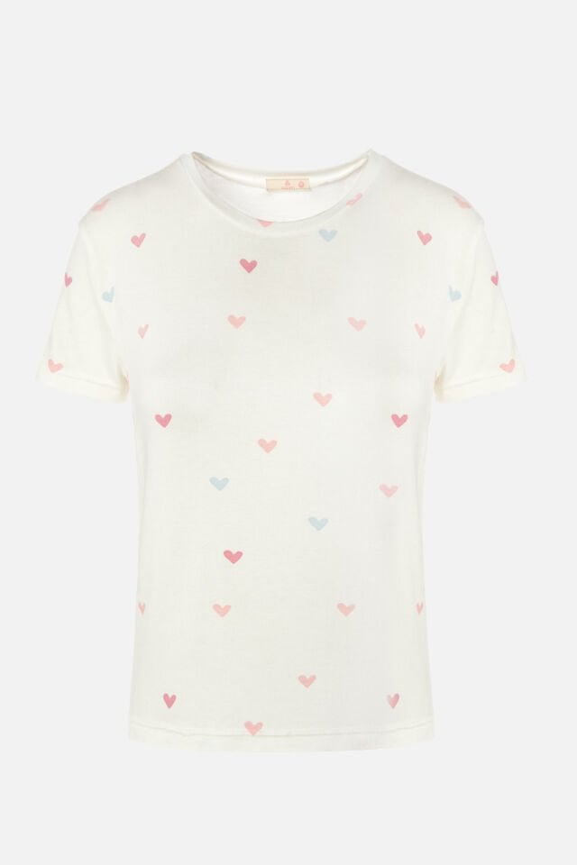 Kadın Kalp Desenli Kısa Kollu Pijama Takımı M - Ekru -  Pembe
