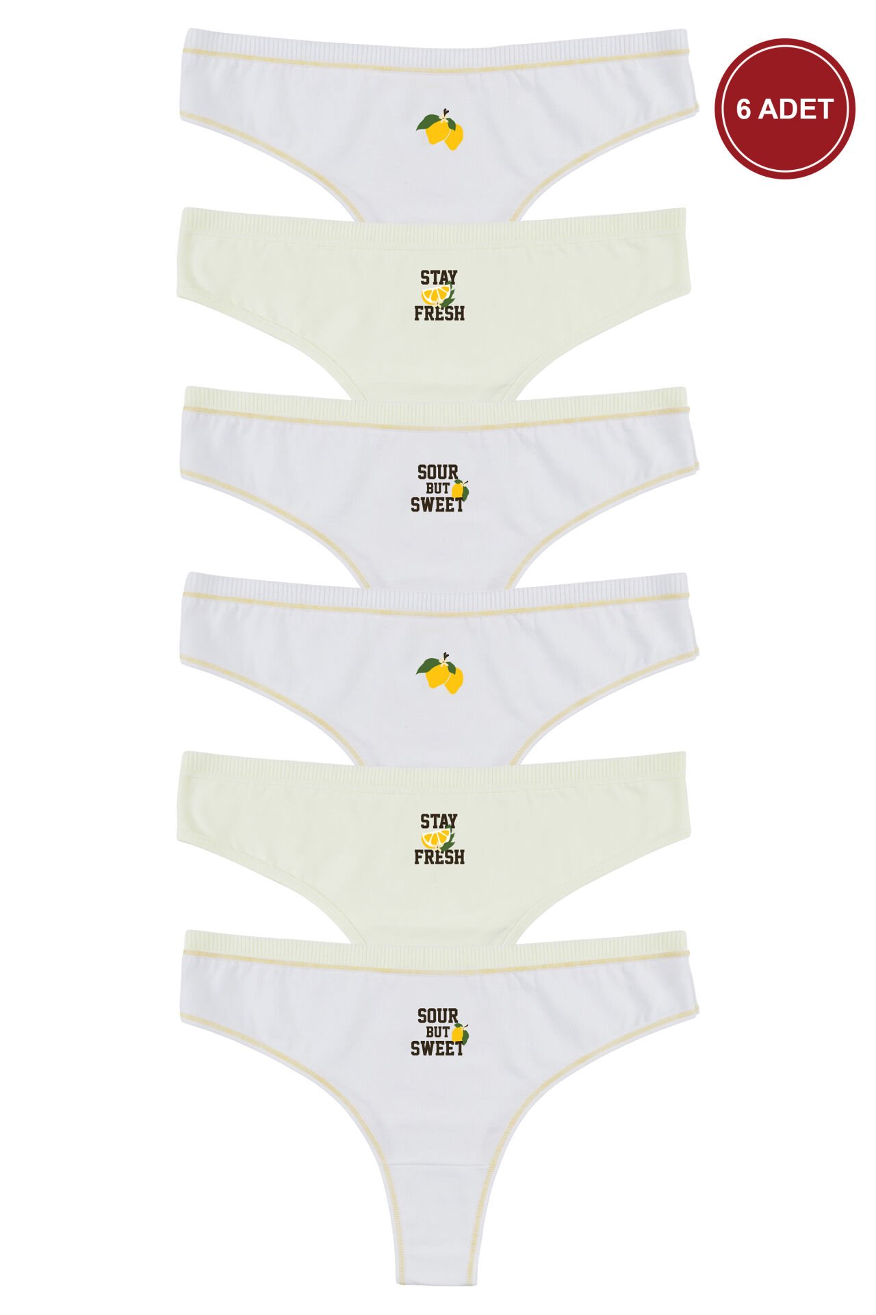 Kadın 6'lı Pamuklu Likralı Dikiş Detaylı Baskılı Brazilian Sarı - Ekru - XL