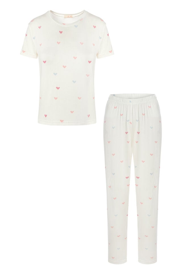 Kadın Kalp Desenli Kısa Kollu Pijama Takımı L - Ekru -  Pembe
