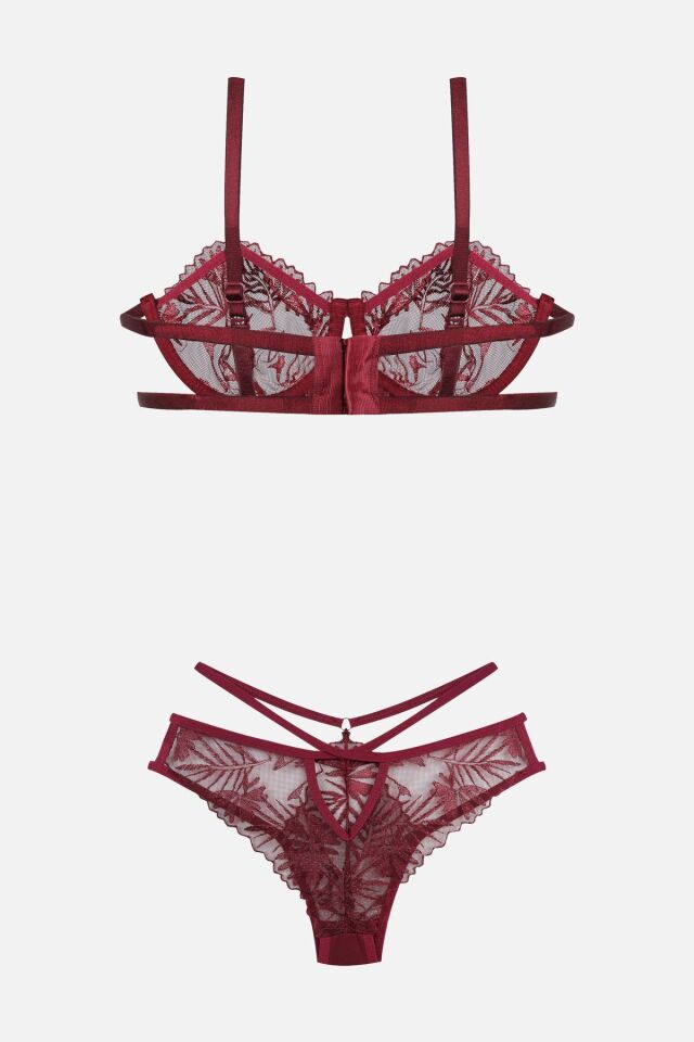 Kadın Brodeli Tüllü Dantelli Sütyen Takım Bordo - 95B