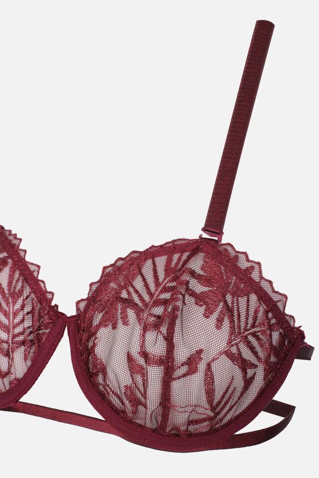 Kadın Brodeli Tüllü Dantelli Sütyen Takım Bordo - 95B