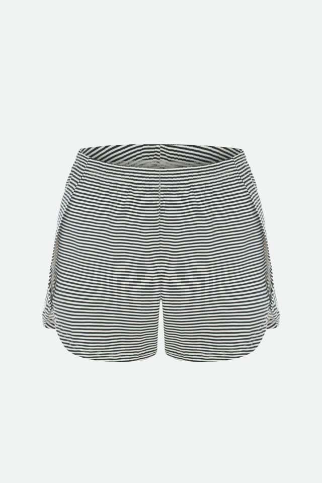 Kadın Pamuklu Yandan Yırtmaç Detaylı Çizgili Kısa Kollu Şort Takımı S - Ekru - Siyah