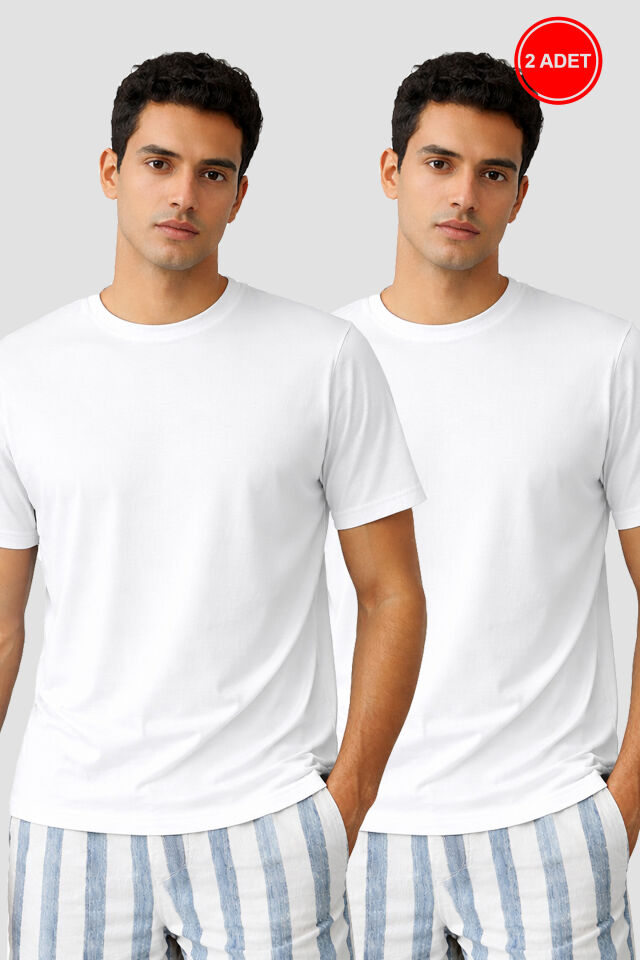 Erkek 2'li Basic Likralı T-Shirt Beyaz - L - Beyaz - L