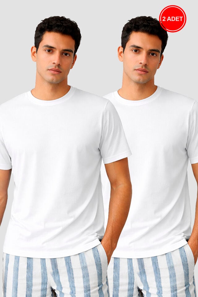 Erkek 2'li Basic Likralı T-Shirt Beyaz - L - Beyaz - L
