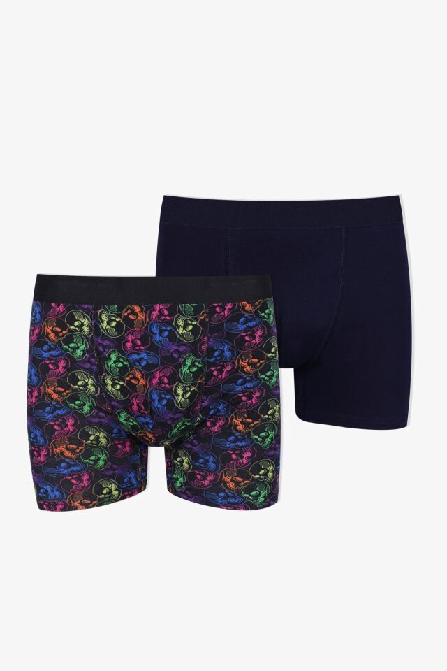 Erkek 2'li Pamuklu Likralı Boxer KO9004BX-1 Kuru Kafa Desen ve Lacivert - M