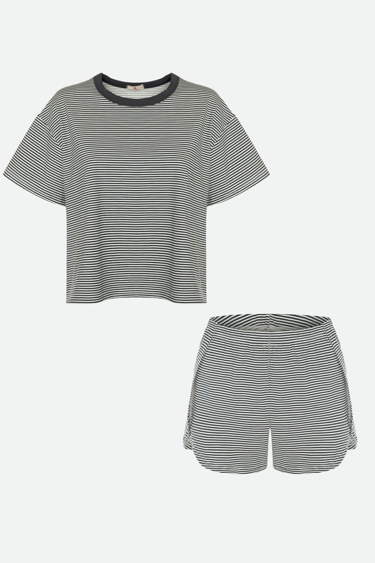 Kadın Pamuklu Yandan Yırtmaç Detaylı Çizgili Kısa Kollu Şort Takımı XL - Ekru - Siyah