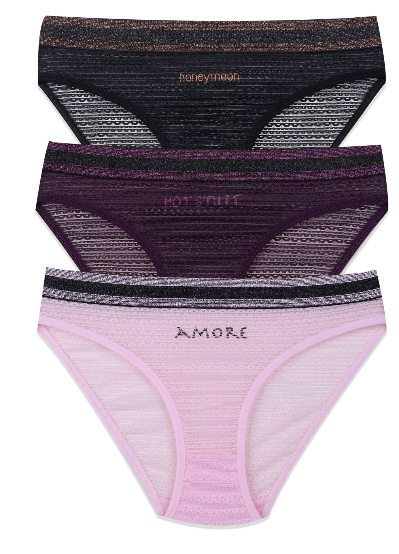 Kadın 3'lü Dantelli - Baskılı Külot Pembe - Mor - M-L