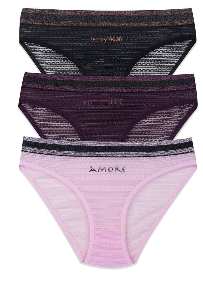 Kadın 3'lü Dantelli - Baskılı Külot Pembe - Mor - M/L