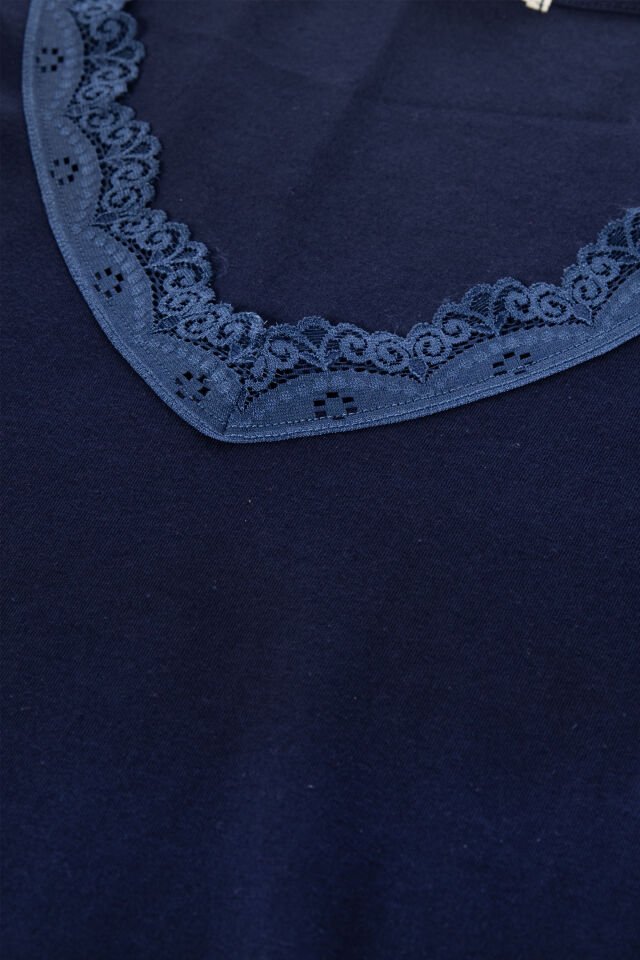 Kadın V Yaka ve Paça Dantel Detaylı Uzun Kollu Pijama Takımı XL - Lacivert