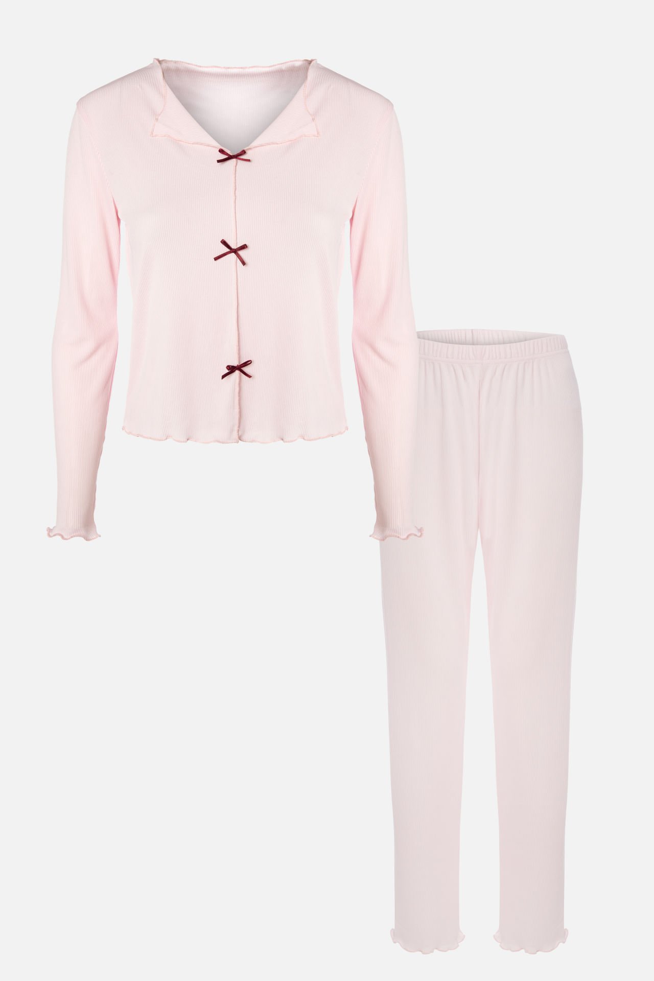 Kadın Kaşkorse Pembe Baby Overloklu Fiyonk Detaylı Uzun Kollu Pijama Takımı