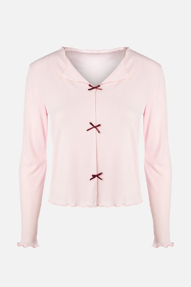 Kadın Kaşkorse Pembe Baby Overloklu Fiyonk Detaylı Uzun Kollu Pijama Takımı