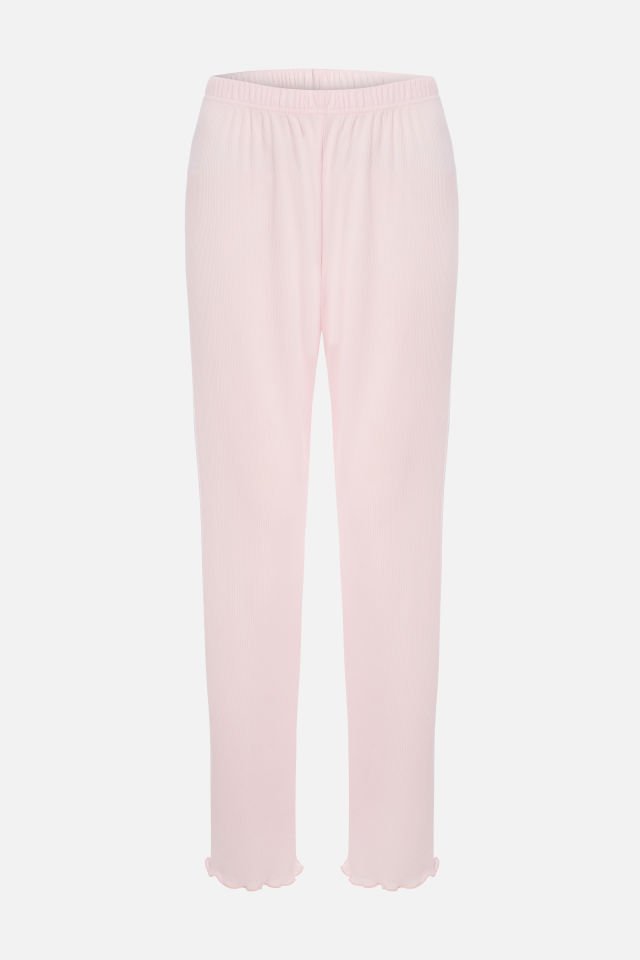 Kadın Kaşkorse Pembe Baby Overloklu Fiyonk Detaylı Uzun Kollu Pijama Takımı