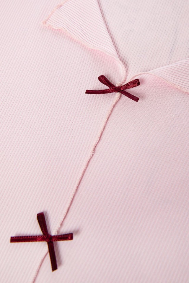 Kadın Kaşkorse Pembe Baby Overloklu Fiyonk Detaylı Uzun Kollu Pijama Takımı