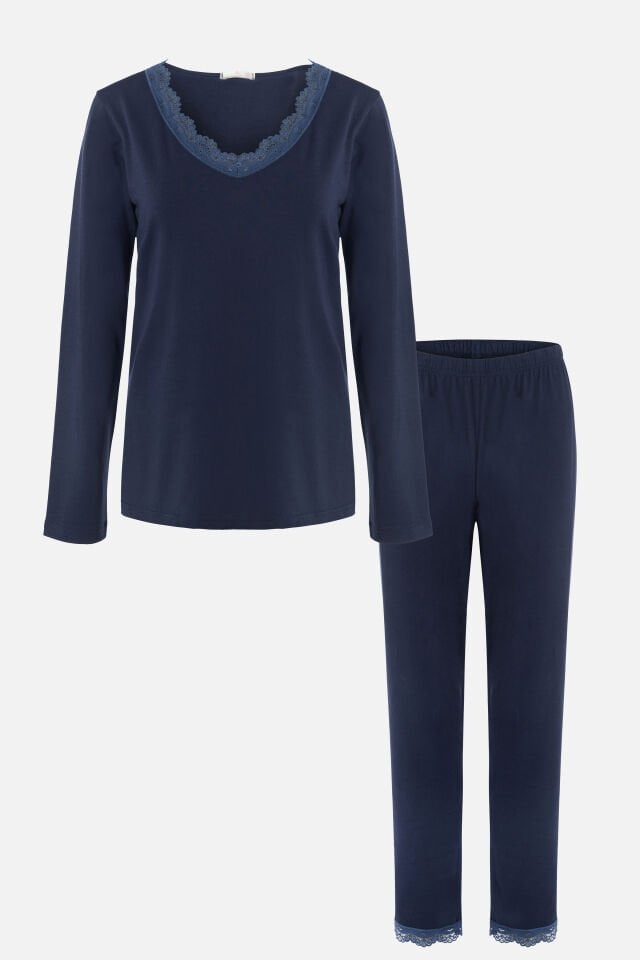 Kadın V Yaka ve Paça Dantel Detaylı Uzun Kollu Pijama Takımı 2XL - Lacivert