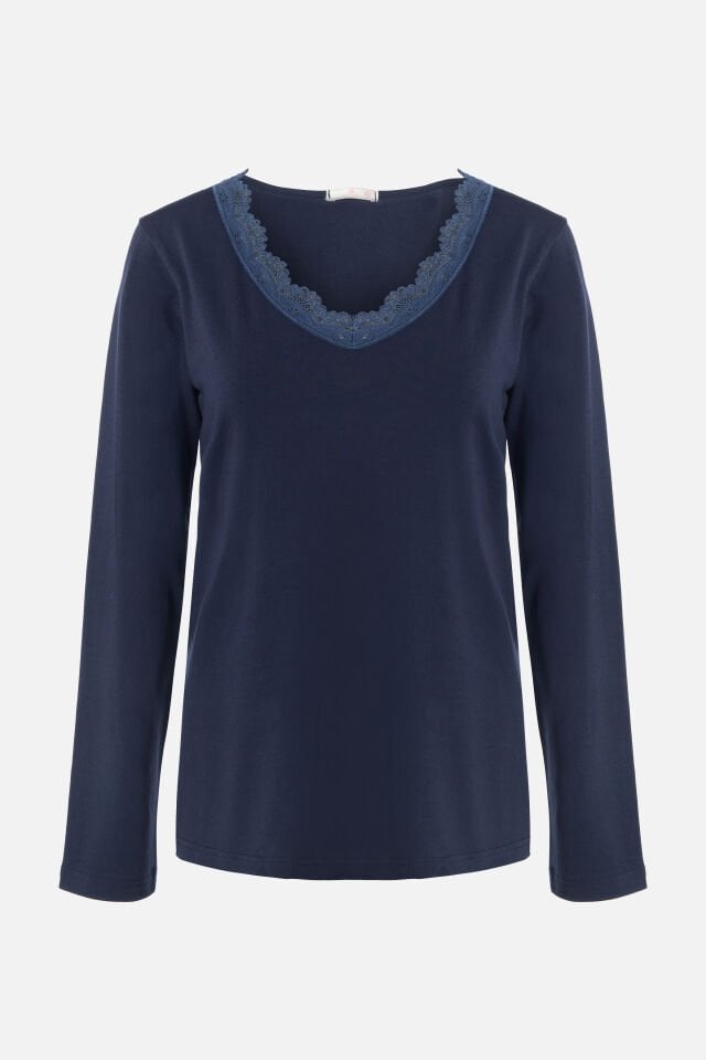 Kadın V Yaka ve Paça Dantel Detaylı Uzun Kollu Pijama Takımı 2XL - Lacivert