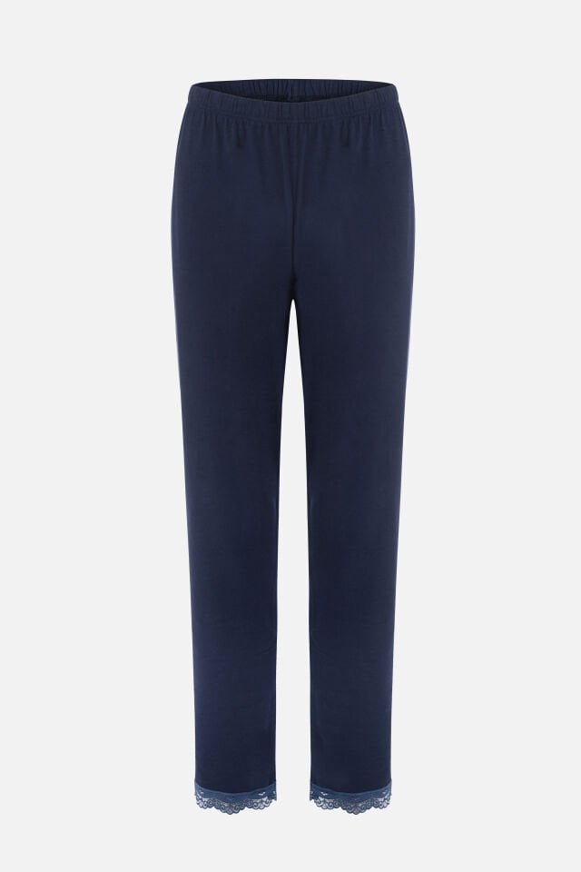 Kadın V Yaka ve Paça Dantel Detaylı Uzun Kollu Pijama Takımı 2XL - Lacivert