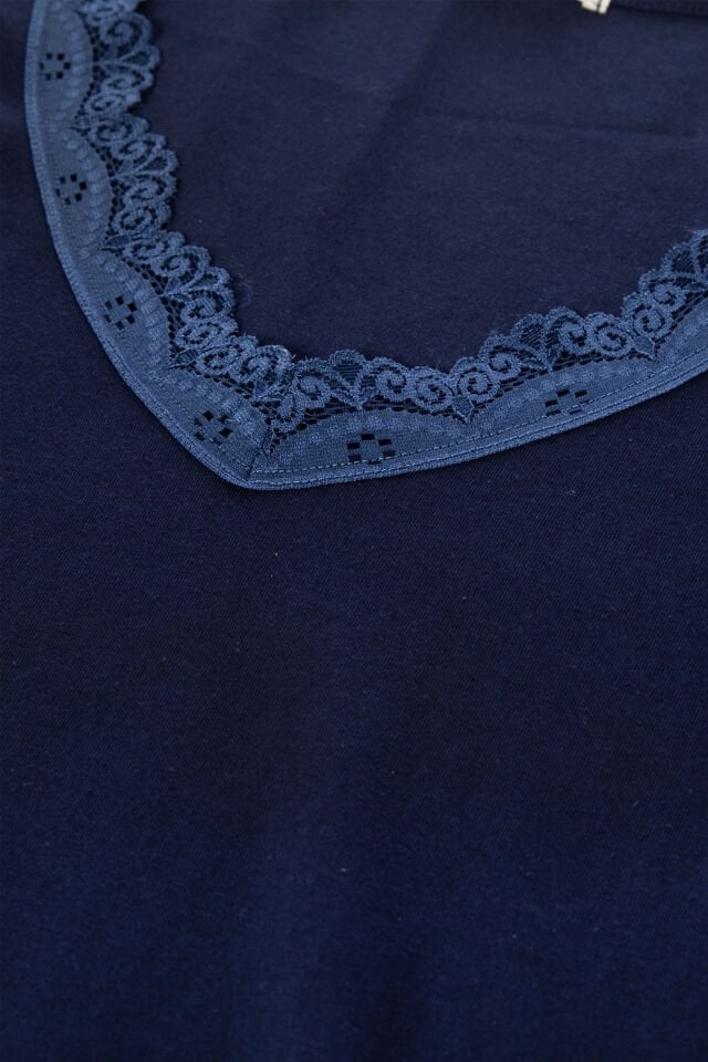 Kadın V Yaka ve Paça Dantel Detaylı Uzun Kollu Pijama Takımı 2XL - Lacivert