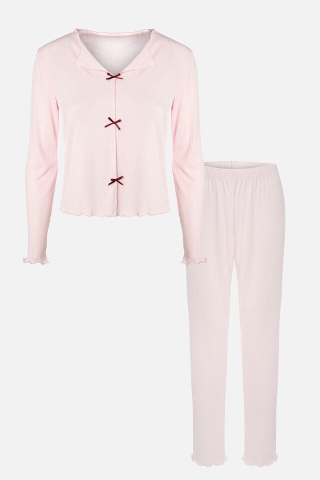 Kadın Kaşkorse Pembe Baby Overloklu Fiyonk Detaylı Uzun Kollu Pijama Takımı S - Pudra