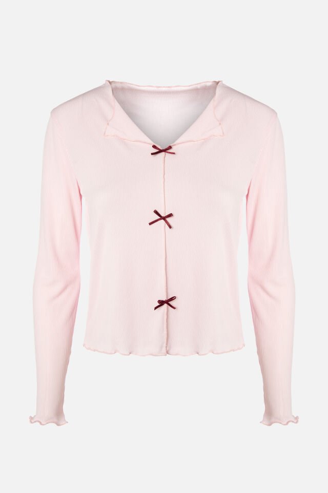 Kadın Kaşkorse Pembe Baby Overloklu Fiyonk Detaylı Uzun Kollu Pijama Takımı S - Pudra