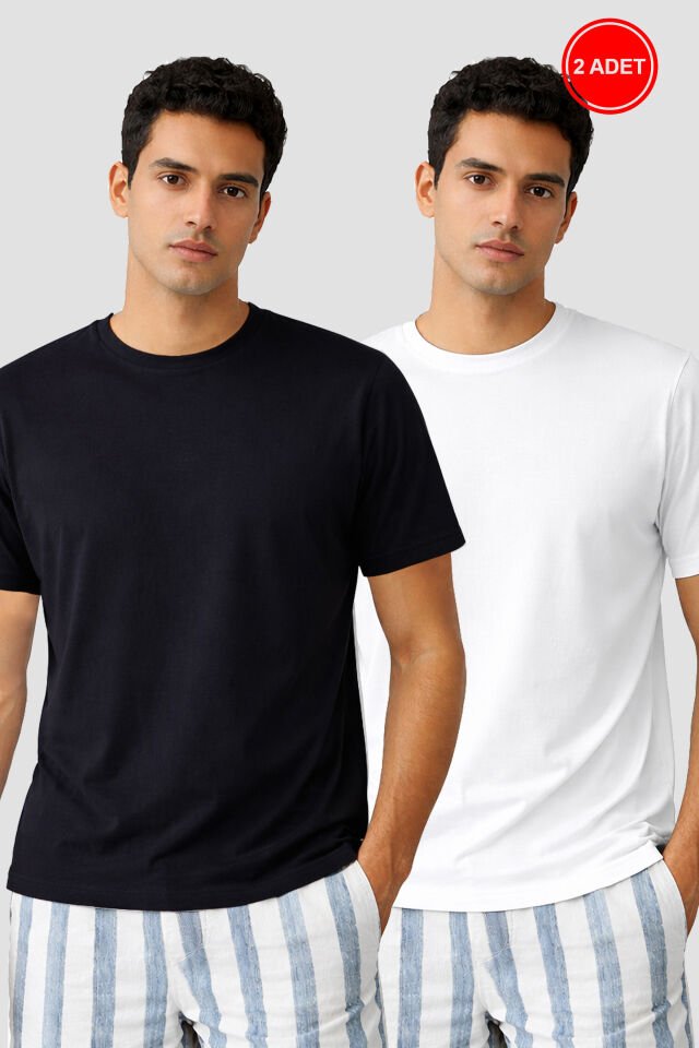 Erkek 2'li Basic Likralı T-Shirt Siyahbeyaz - S - Siyahbeyaz - S