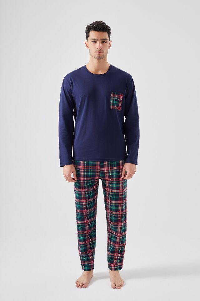 Erkek Pamuklu Göğüs Cepli Ekose Desenli Uzun Kollu Cep Detaylı Pijama Takımı Lacivert  -  Kırmızı - 2XL