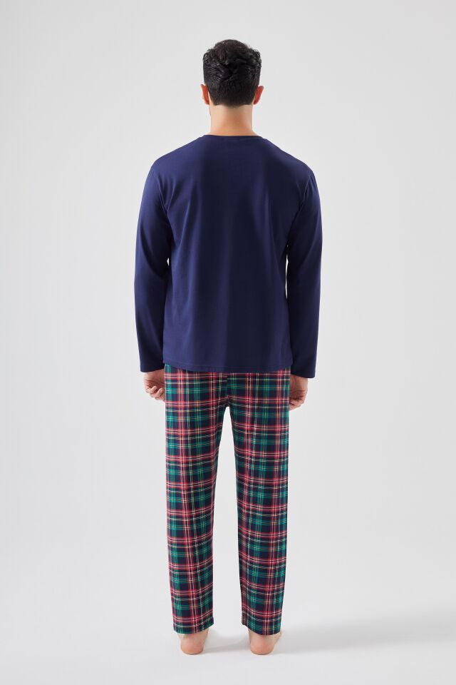 Erkek Pamuklu Göğüs Cepli Ekose Desenli Uzun Kollu Cep Detaylı Pijama Takımı Lacivert  -  Kırmızı - 2XL