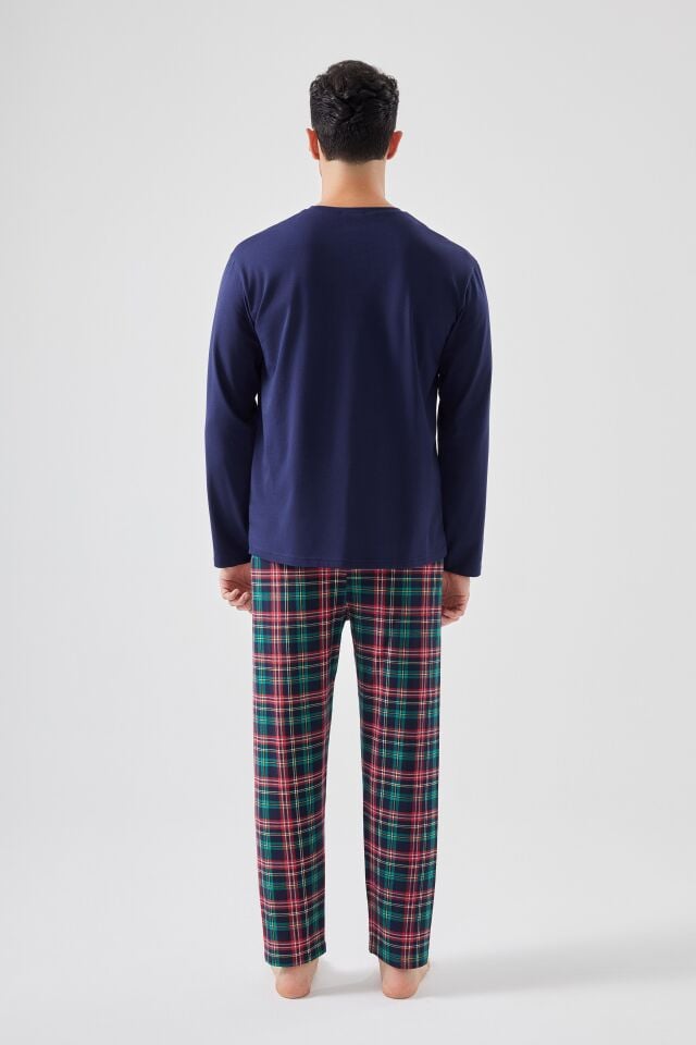 Erkek Pamuklu Göğüs Cepli Ekose Desenli Uzun Kollu Cep Detaylı Pijama Takımı Lacivert  -  Kırmızı - 2XL
