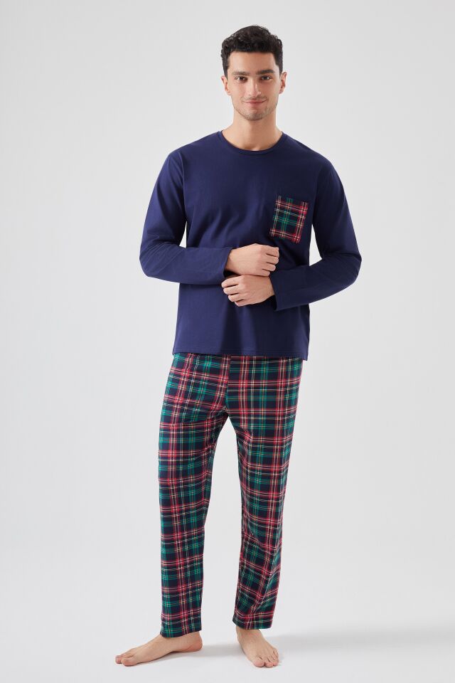 Erkek Pamuklu Göğüs Cepli Ekose Desenli Uzun Kollu Cep Detaylı Pijama Takımı Lacivert  -  Kırmızı - 2XL