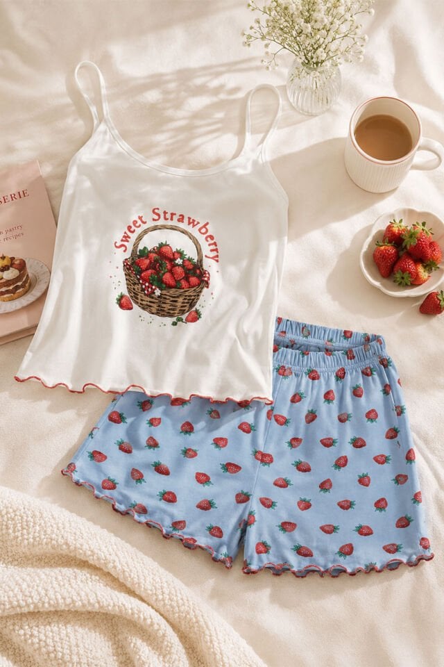 Kadın İnce Askılı Desenli Pamuklu Şortlu Pijama Takımı Kırmızı - Beyaz - XL