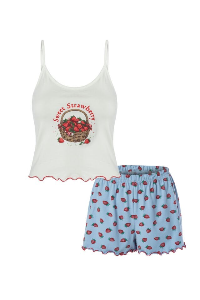Kadın İnce Askılı Desenli Pamuklu Şortlu Pijama Takımı Kırmızı - Beyaz - XL