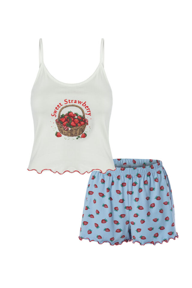 Kadın İnce Askılı Desenli Pamuklu Şortlu Pijama Takımı Kırmızı - Beyaz - XL