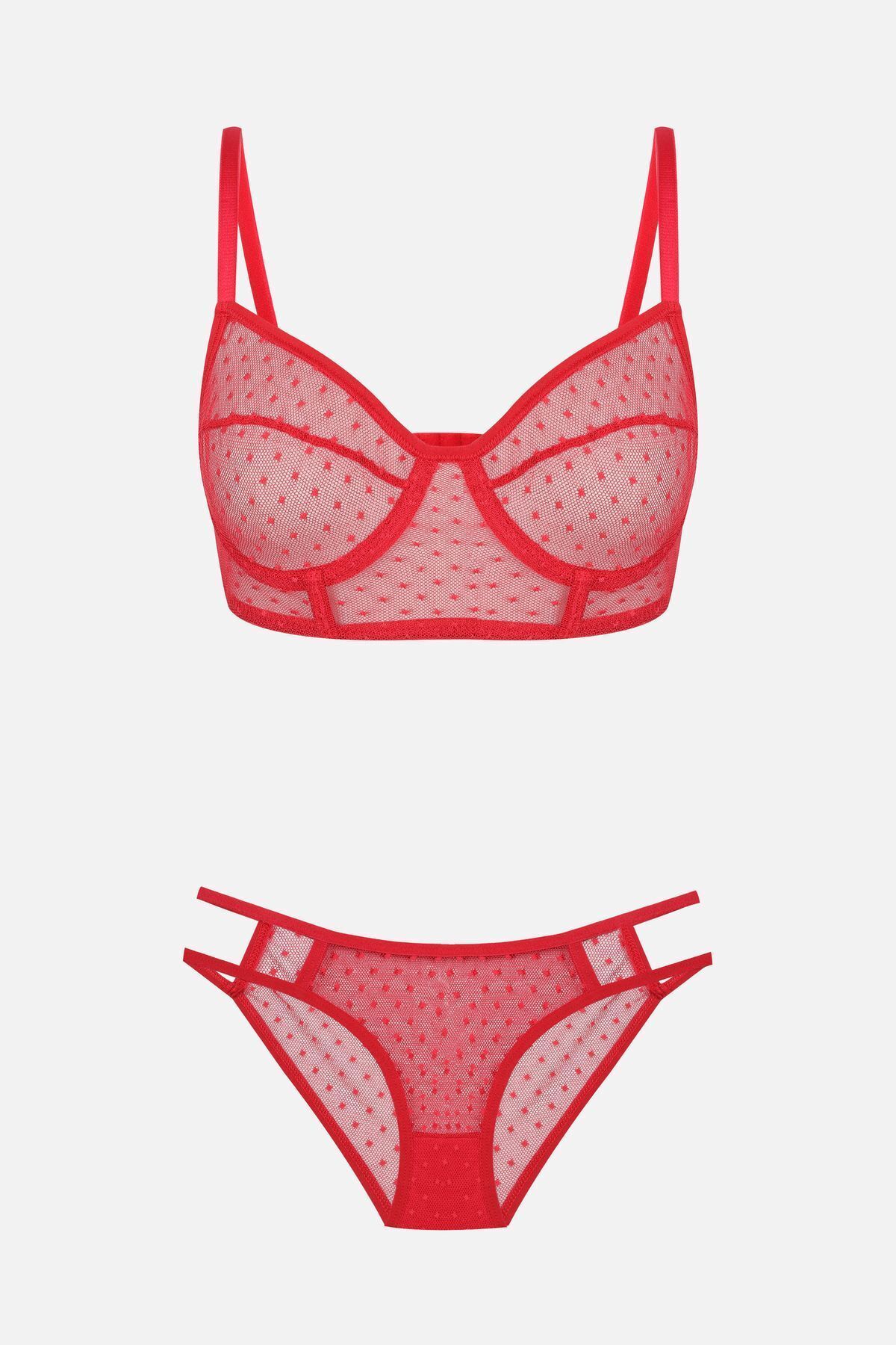 Kadın Puanlı Tüllü Sütyen Takım Kırmızı - 85B