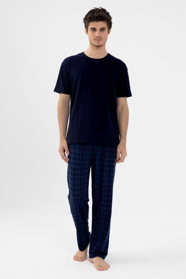 Erkek Pamuklu Kısa Kollu Lacivert Ekose Desenli Cep Detaylı Pijama Takımı Lacivert - XL