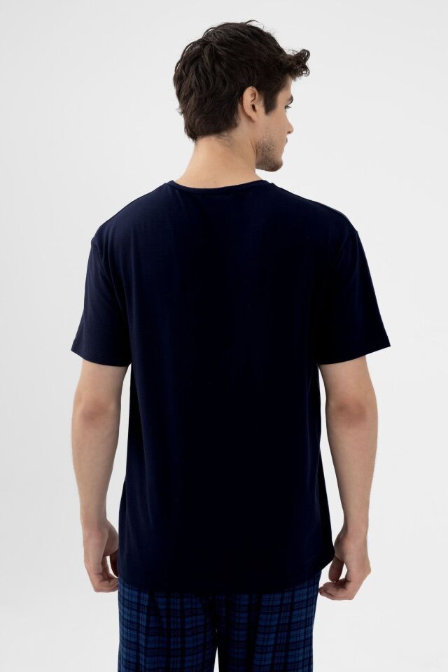 Erkek Pamuklu Kısa Kollu Lacivert Ekose Desenli Cep Detaylı Pijama Takımı Lacivert - XL